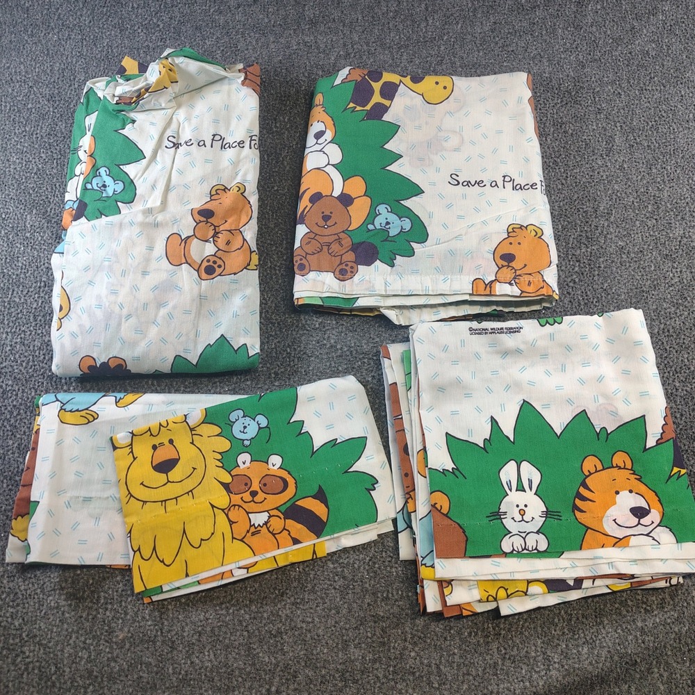 The Bibb Co Sheet Set & Curtains Twin White Save a Place For Animals Vintage